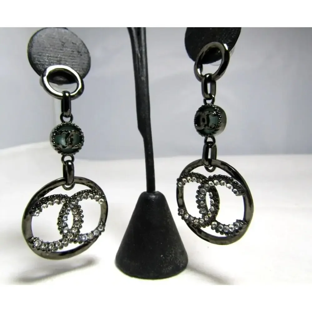 Chanel C19 Crystal CC Logo Black Metal Dangle Drop Earrings
